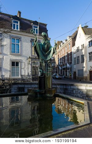 MAASTRICHT NETHERLANDS - JANUARY 16 2016: Statues of St. Servatius in front of Basilica of St. Servatius. The Basilica of St. Servatius is a oldest Roman catholic church the Netherlands.