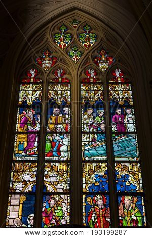MAASTRICHT NETHERLANDS - JANUARY 16 2016: Stained glass windows of Basilica of Saint Servatius the oldest church in the Netherlands.