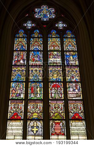 MAASTRICHT NETHERLANDS - JANUARY 16 2016: Stained glass windows of Basilica of Saint Servatius the oldest church in the Netherlands.