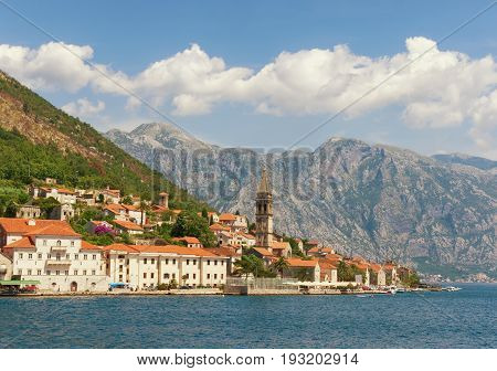 View of Perast city from the sea. Montenegro