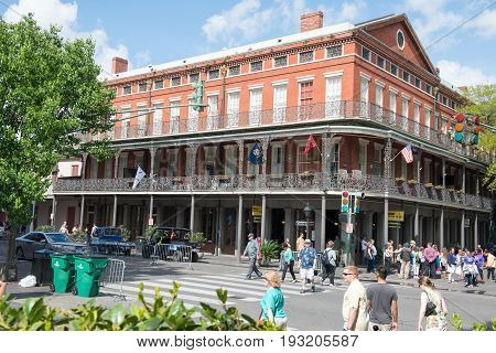 NEW ORLEANS, LA - APRIL 13: View of Street in the French Quarter of New Orleans, Louisiana showing historic buldings with unique architecture on April 13, 2014