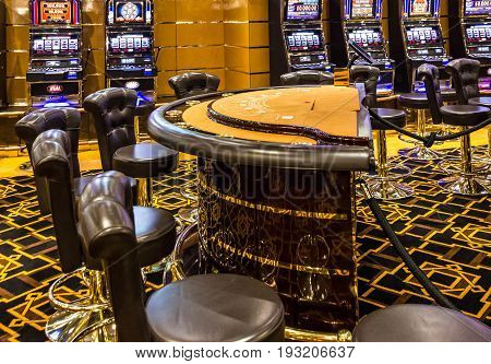 CRUISE SHIP SPLENDIDA - MARCH 30, 2017: Gaming slot machines in gambling casino Cruise liner Splendida