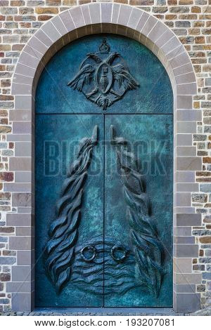 The Netherands. Maastricht. Vrijthof square. Gate of Basilica of Saint Servatius. It was built around the year 1000 AD.