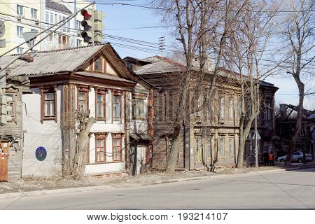 Nizhny Novgorod, Russia. - April 10.2017. The old wooden house on Malaya Yamskaya 39