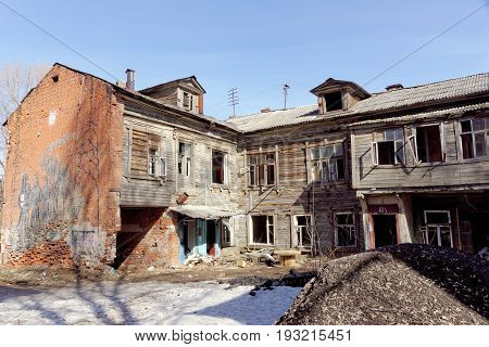Nizhny Novgorod, Russia. - April 10.2017. The old wooden house on Malaya Yamskaya