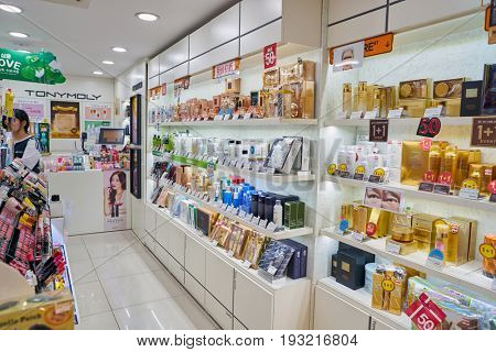 SEOUL, SOUTH KOREA - CIRCA MAY, 2017: goods on display at Tony Moly shop in Seoul. Tony Moly is a South Korean cosmetics brand