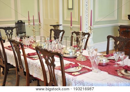 Kylemore Abbey, Pollacappul, Connemara, Co. Galway,  Ireland June 2017, Castle Dinning Table.