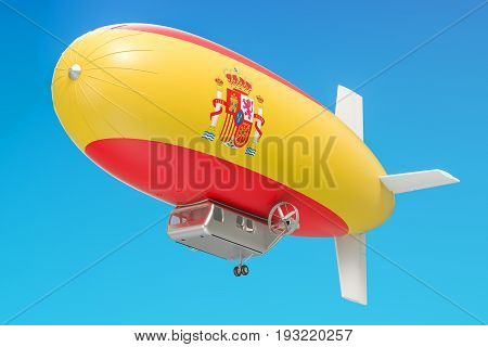 Airship or dirigible balloon with Spanish flag 3D rendering isolated on white background