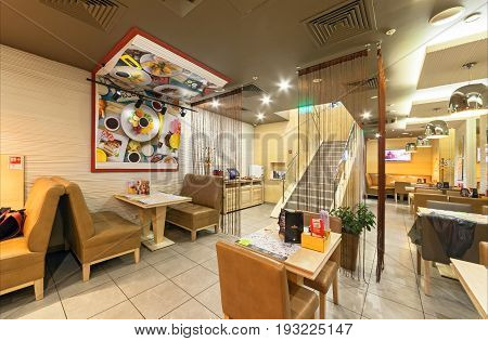 MOSCOW - AUGUST 2014: The interior of chain cafe pan-Asian cuisine - 