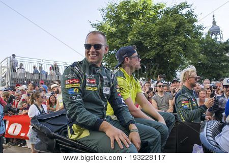 LE MANS FRANCE - JUNE 16 2017: Nicki Thiim Richie Stanaway Marco Sorensen Aston Martin racing team. Parade of pilots racing 24 hours in Le mans France