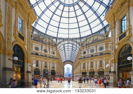 Milan, Italy - June, 19, 2017: interior of Galleria Vittorio Emanuele in Milan, Italy