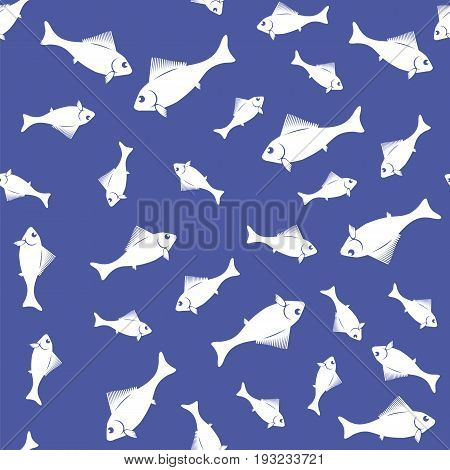 Fresh Fish Isolated on Blue Background. Seamless Pattern
