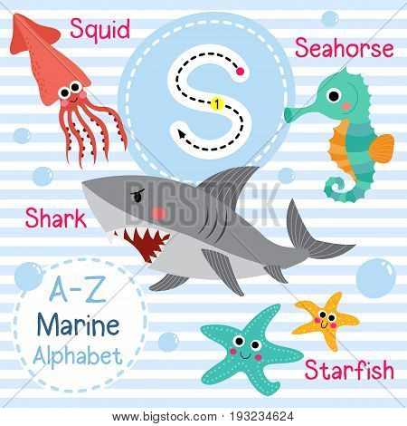 Cute children sea alphabet flashcard of funny marine animal cartoon S letter tracing for kids learning English vocabulary vector illustration.