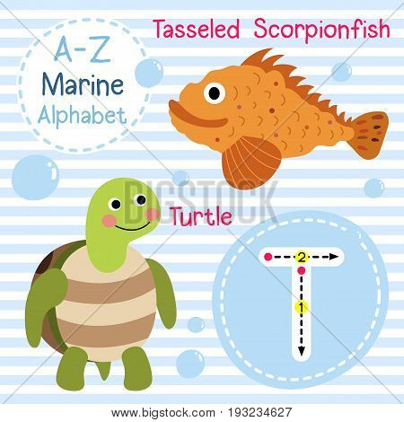 Cute children sea alphabet flashcard of funny marine animal cartoon T letter tracing for kids learning English vocabulary vector illustration.