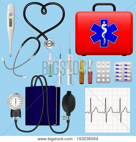 Set of medical instruments instruments and preparations of a cardiologist. Medicine cardiology. Realistic detailed objects. Vector illustration.