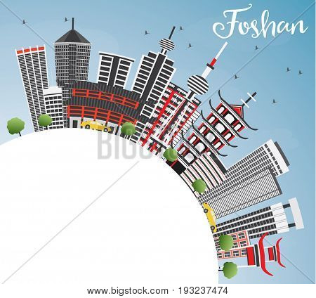 Foshan Skyline with Gray Buildings, Blue Sky and Copy Space. Business Travel and Tourism Concept with Modern Architecture. Image for Presentation Banner Placard and Web Site.
