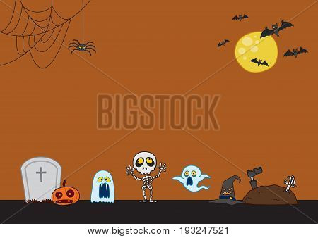 Halloween Background -spooky eyes, flying bats, skeleton, ghost, cobweb, graves, and a huge moon -plenty of copy space
