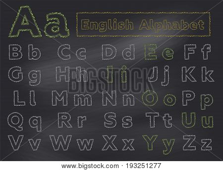 English Chalk Alphabet on School Chalkboard. Hand Drawn Letters with Thin Stroke. Sketch Style. ABC for School Books First Words Alphabet Cards for Toddlers Kids Early Childhood Education.