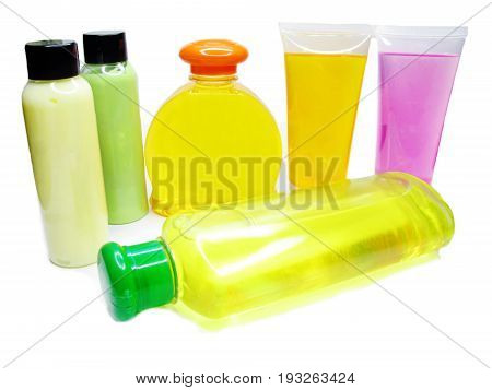 bottles of shampoo and shower gel cosmetic set