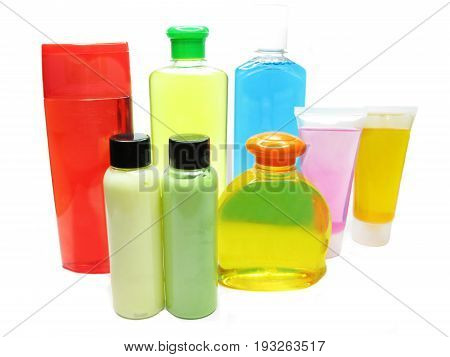 group of bottles of shampoo and shower gel
