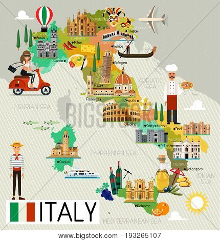 Map of Italy and Travel Icons.Italy Travel Map. Vector Illustration.