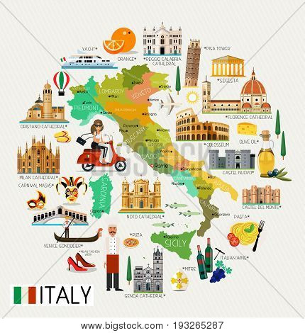 Map of Italy and Travel Icons.Italy Travel Map. Vector Illustration.