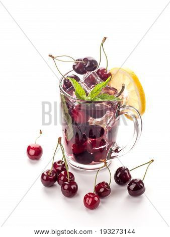 Ice cream and cherry juice isolated on white background