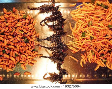Fried Insects On The Market Of Khao San Road On Bangkok
