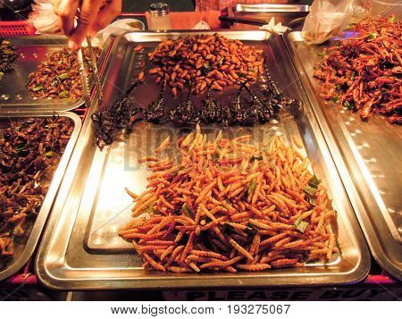 Fried Insects On The Market Of Khao San Road On Bangkok