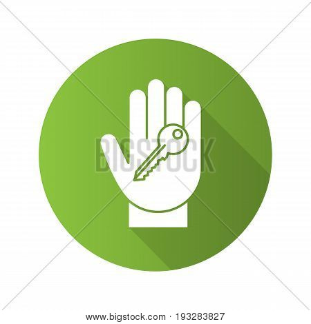 Hand with key flat linear long shadow icon. Realty purchase. Private property owner. Vector outline symbol