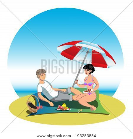 Boy and girl on holiday , vector cartoon illustration, couple on beach, two isolated human
