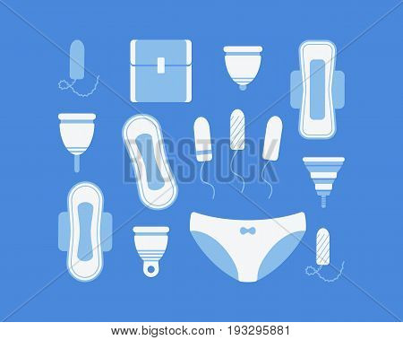 Intimate hygiene vector flat icons set Flat design of sanitary pads tampons menstrual cups and panties isolated on the dark background Vector illustration