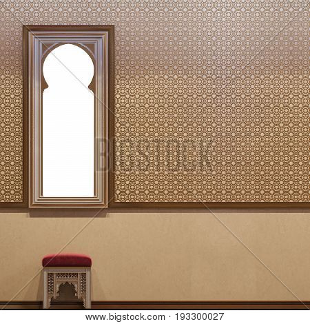 3d illustration hall interior design of a hotel room in a traditional Islamic style. Beautiful deluxe room Ramdan Kareem background interior view decorated with Islamic motifs.