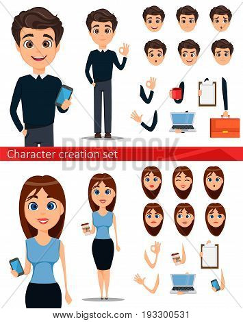 Business man and business woman cartoon characters creation set. Build your personal design - stock vector