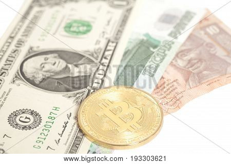 Golden Bitcoin With U.s. Dollar,ruble End Rupee Banknotes Isolated On White