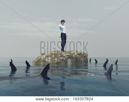 Young man on a rock in the ocean surrounded by sharks. This is a 3d render illustration