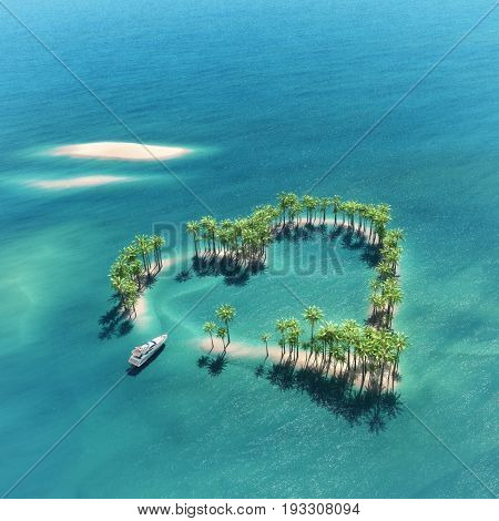 Heart-shaped tropical island in middle of the ocean and a boat going through. This is a 3d render illustration