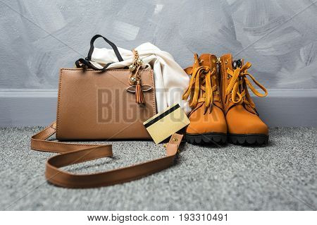 Woman's Clothing And Accessories Fashion For Shopping At Shopping Mall Or Travelling Concept.