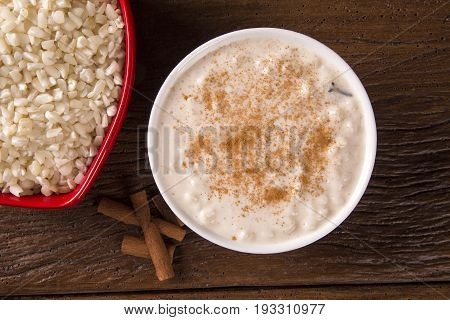 Brazilian Dessert Sweet Canjica Of White Corn With Pacoca Sweet In Bowl And Towel. Festa Junina Part