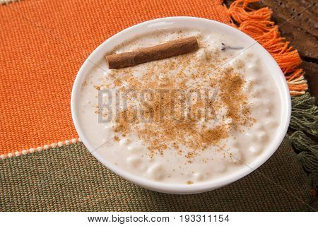 Brazilian Dessert Sweet Canjica Of White Corn With Pacoca Sweet In Bowl And Towel. Festa Junina Part