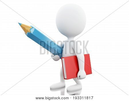 3D White People With Pencil And Notebook. School Concept.
