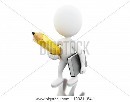 3D White People With Pencil And Notebook. School Concept.