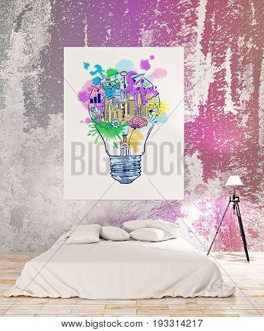 Bright bedroom interior with colorful business sketch on poster. Workshop concept. 3D Rendering