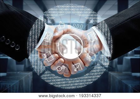 Close up of handshake with abstract digital pattern in blurry interior. Partnership concept. 3D Rendering