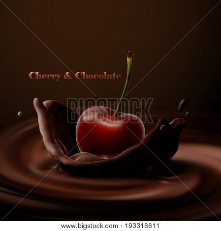 Cherry falling in melted chocolate. Vector food illustration. Cherry with chocolate crown splash. Confectionery product ad poster.