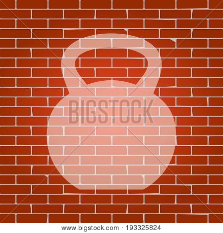 Fitness Dumbbell sign. Vector. Whitish icon on brick wall as background.