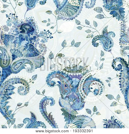 Floral seamless pattern, texture effect. Indian colorful ornament. Vector decorative flowers and Paisley. Ethnic style. Design for fabrics, web, decoupage