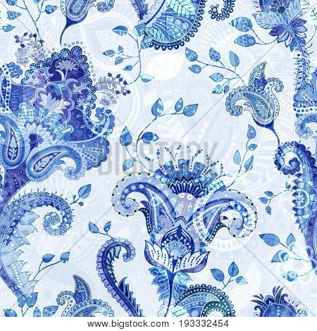 Floral seamless pattern, texture effect. Indian colorful ornament. Vector decorative flowers and Paisley. Ethnic style. Design for fabrics, web, decoupage