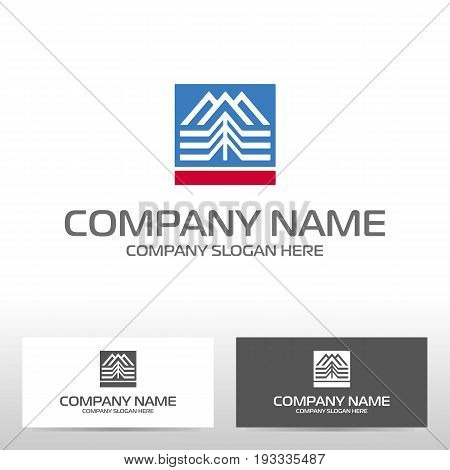 Logo design with mountains and forest. Vector illustration