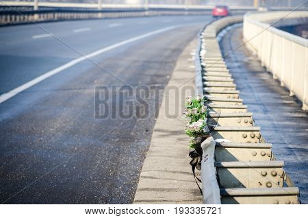 Car crash accident. Artificial white roses flowers on the site of a traffic accident with a fatal outcome.
